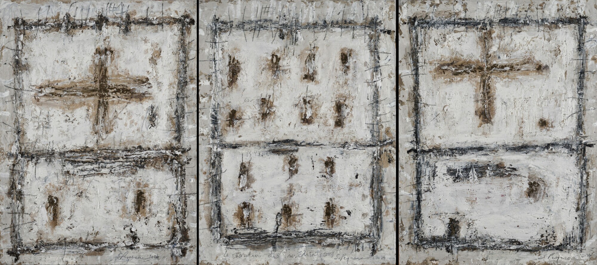 le jardin des méditations<p>
peinture huile et pastel sur carton<p>
Triptyque 48 x 36 x 3 cm