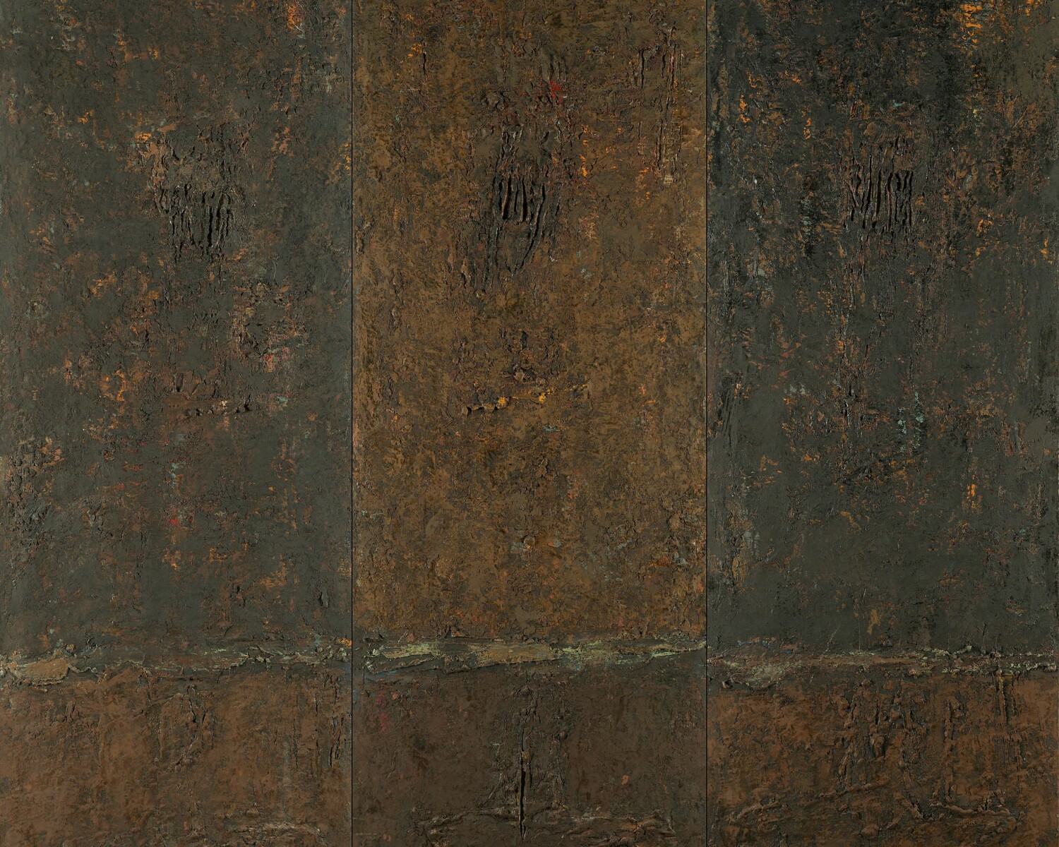 Terres Brûlées triptyque<p>
peinture et pastel à l'huile sur châssis toilé<p>
Dim 150 x 50 cm X 3<p>